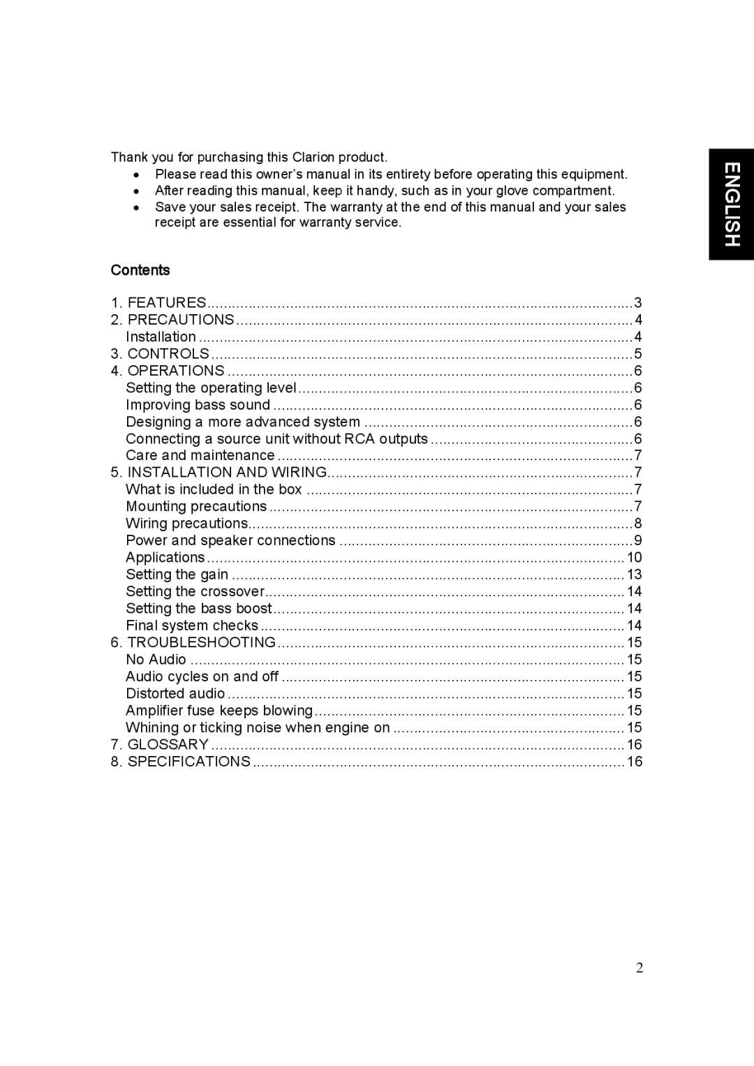 Clarion APX2121E, APX1301E, APX4241E manual English, Contents 