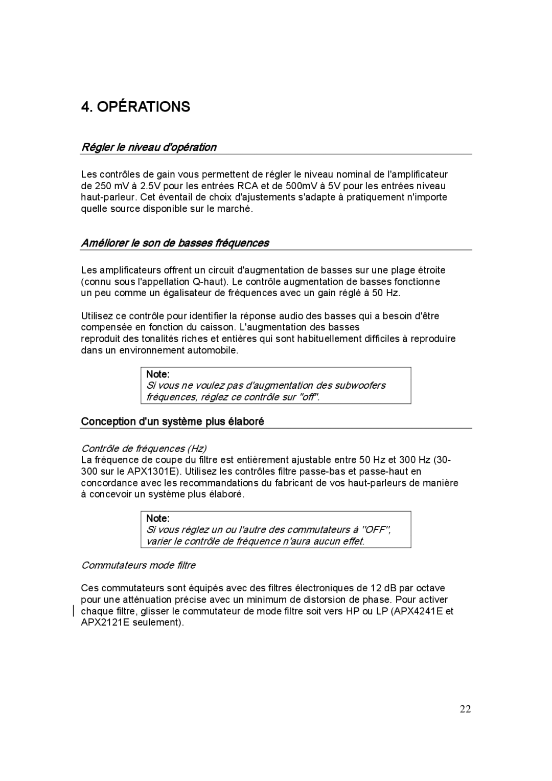 Clarion APX4241E Opérations, Régler le niveau dopération, Améliorer le son de basses fréquences, Contrôle de fréquences Hz 