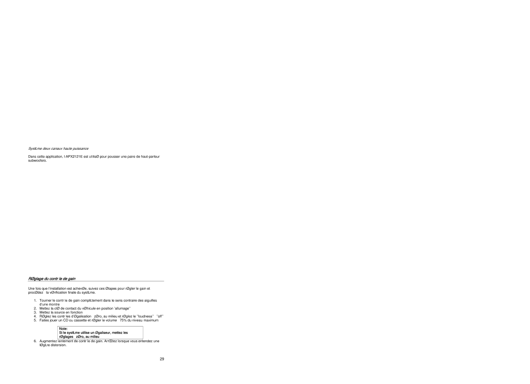 Clarion APX2121E, APX1301E, APX4241E manual Réglage du contrôle de gain, Système deux canaux haute puissance 