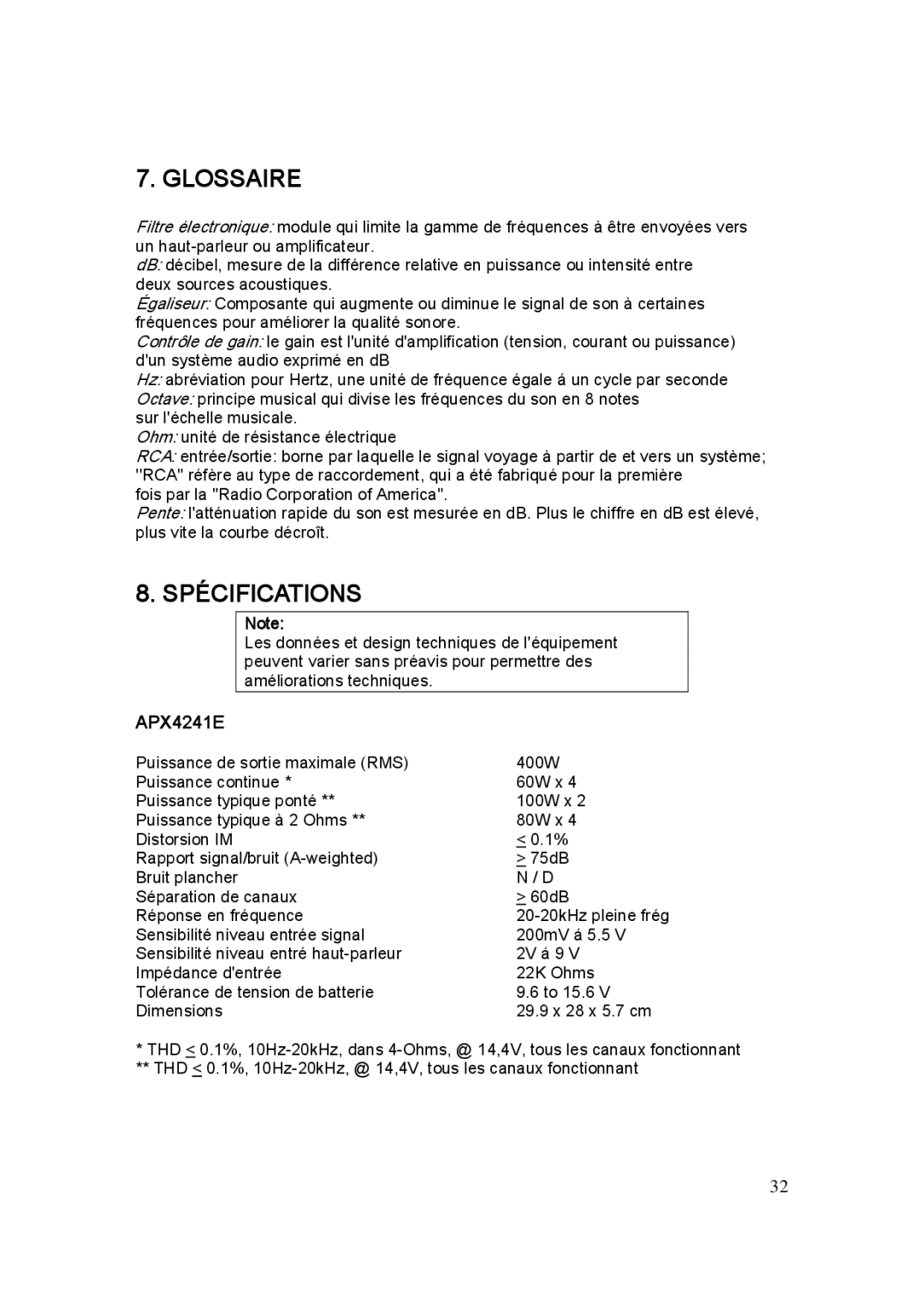 Clarion APX2121E, APX1301E, APX4241E manual Glossaire, Spécifications 