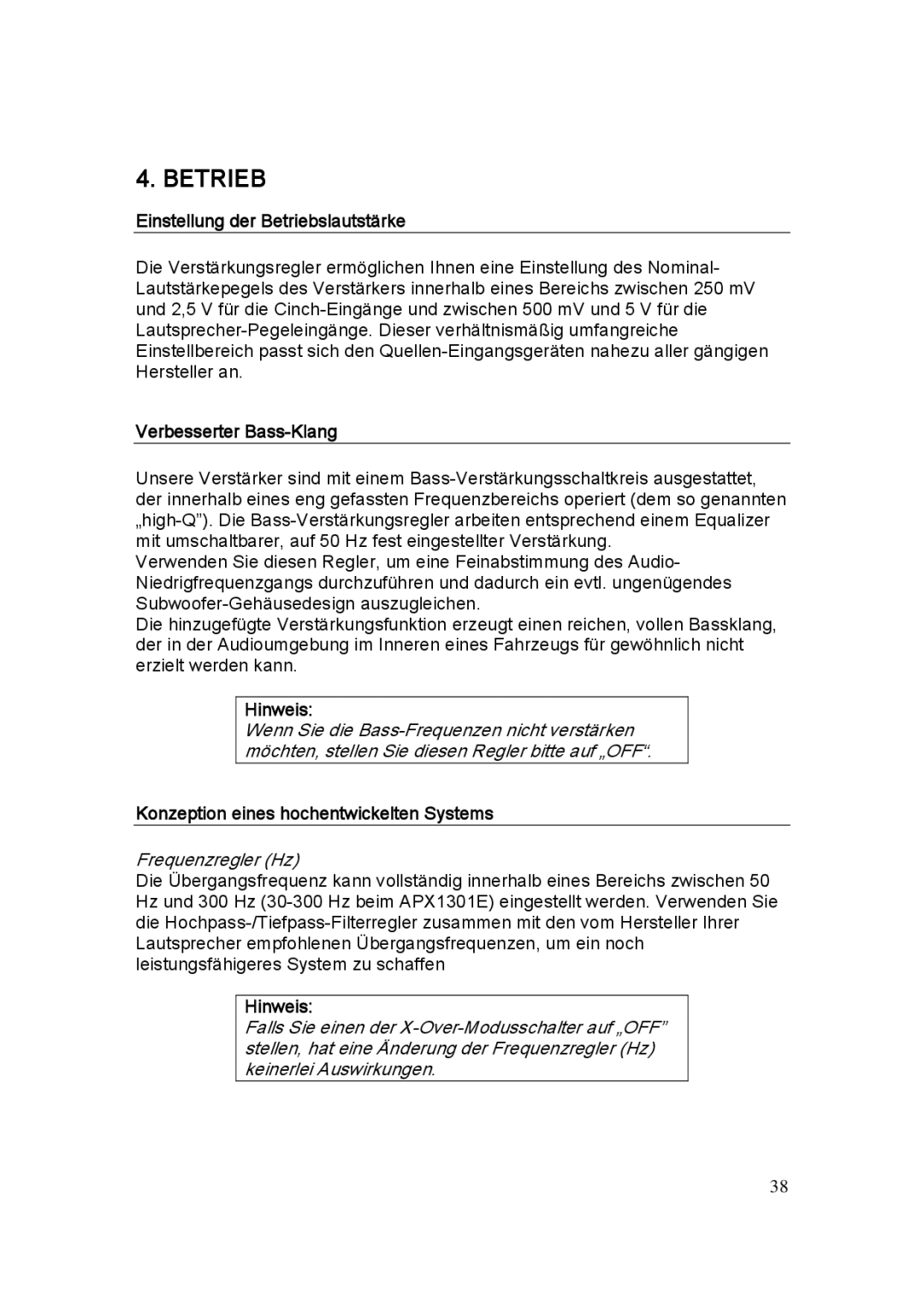 Clarion APX2121E, APX1301E, APX4241E manual Einstellung der Betriebslautstärke, Verbesserter Bass-Klang, Hinweis 