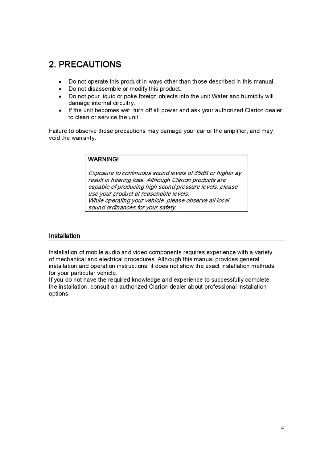 Clarion APX4241E, APX1301E, APX2121E manual Precautions, Installation 