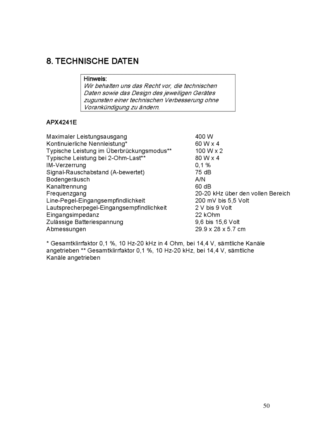 Clarion APX2121E, APX1301E, APX4241E manual Technische Daten, Hinweis 