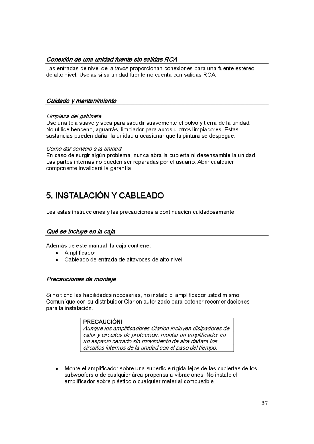 Clarion APX1301E, APX4241E Instalación Y Cableado, Conexión de una unidad fuente sin salidas RCA, Cuidado y mantenimiento 