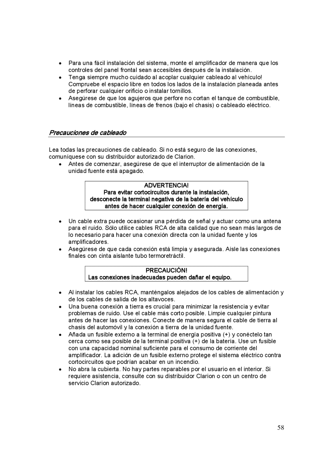 Clarion APX4241E, APX1301E, APX2121E manual Precauciones de cableado, Las conexiones inadecuadas pueden dañar el equipo 