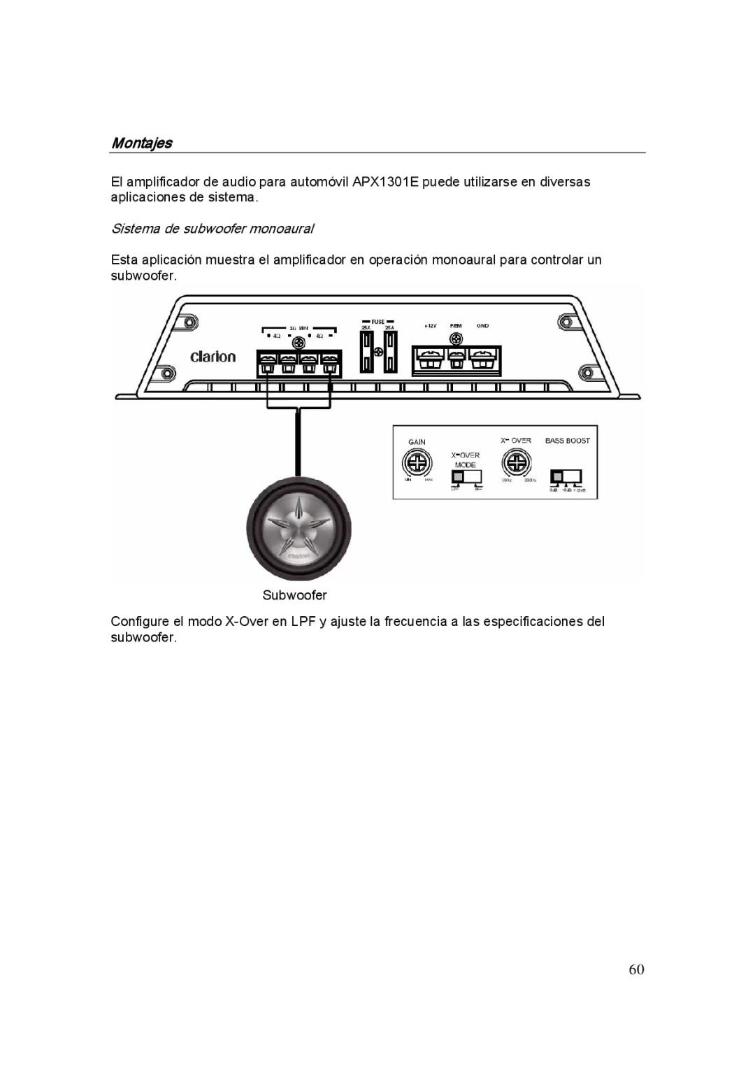 Clarion APX1301E, APX4241E, APX2121E manual Montajes, Sistema de subwoofer monoaural 