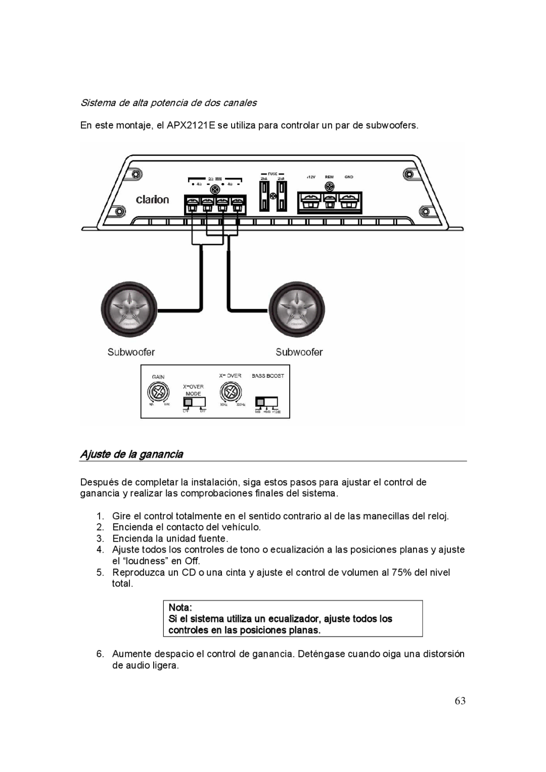 Clarion APX1301E, APX4241E, APX2121E manual Ajuste de la ganancia, Sistema de alta potencia de dos canales 