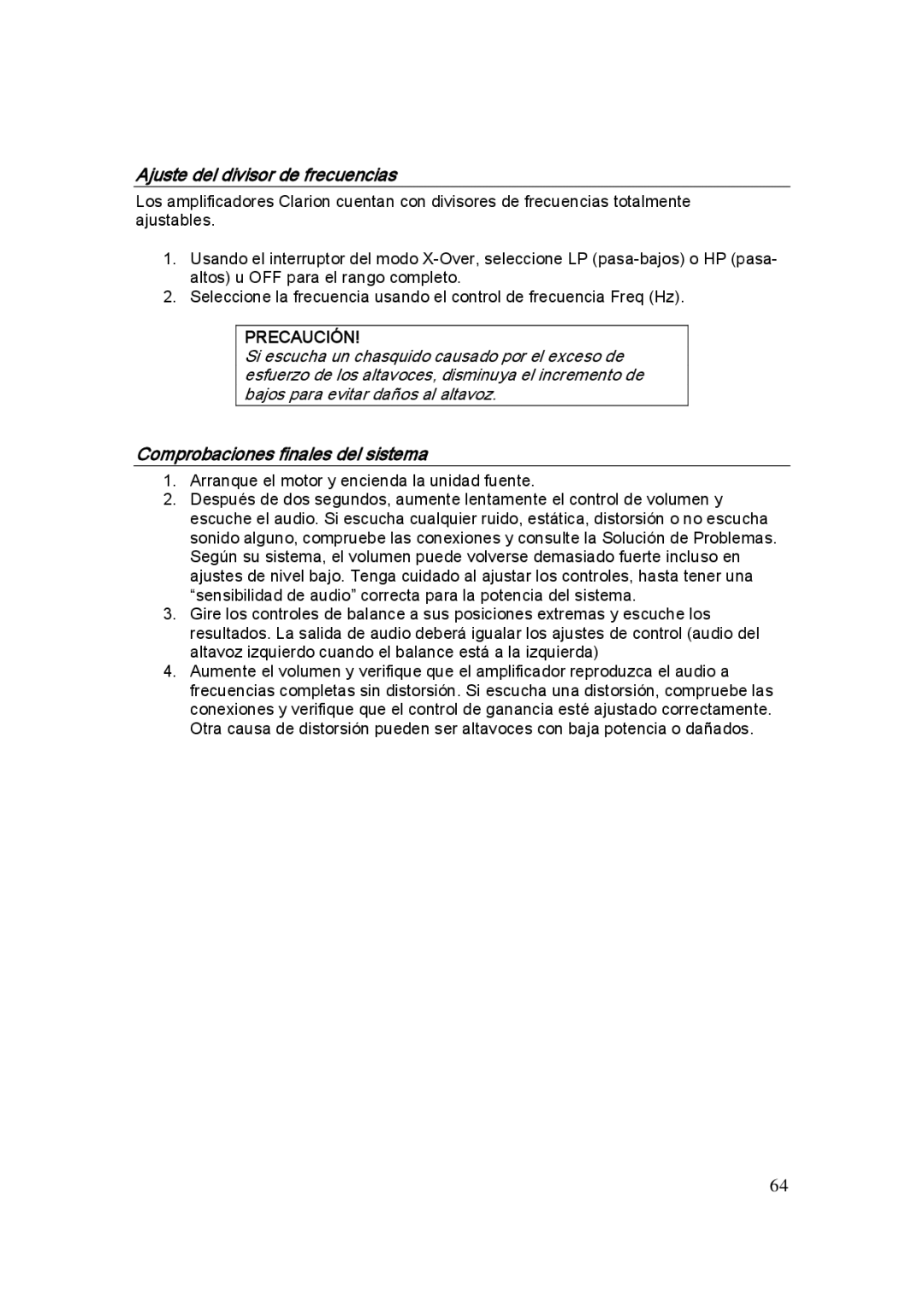 Clarion APX4241E, APX1301E, APX2121E manual Ajuste del divisor de frecuencias, Comprobaciones finales del sistema 