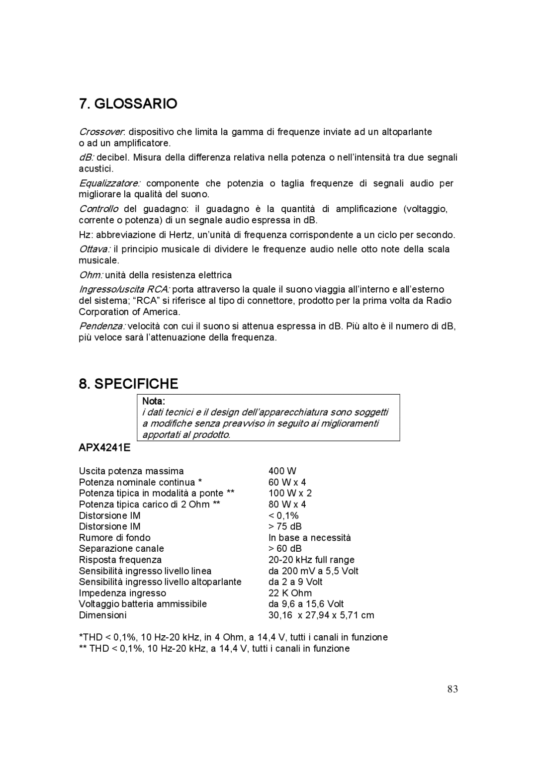 Clarion APX2121E, APX1301E, APX4241E manual Glossario, Specifiche 