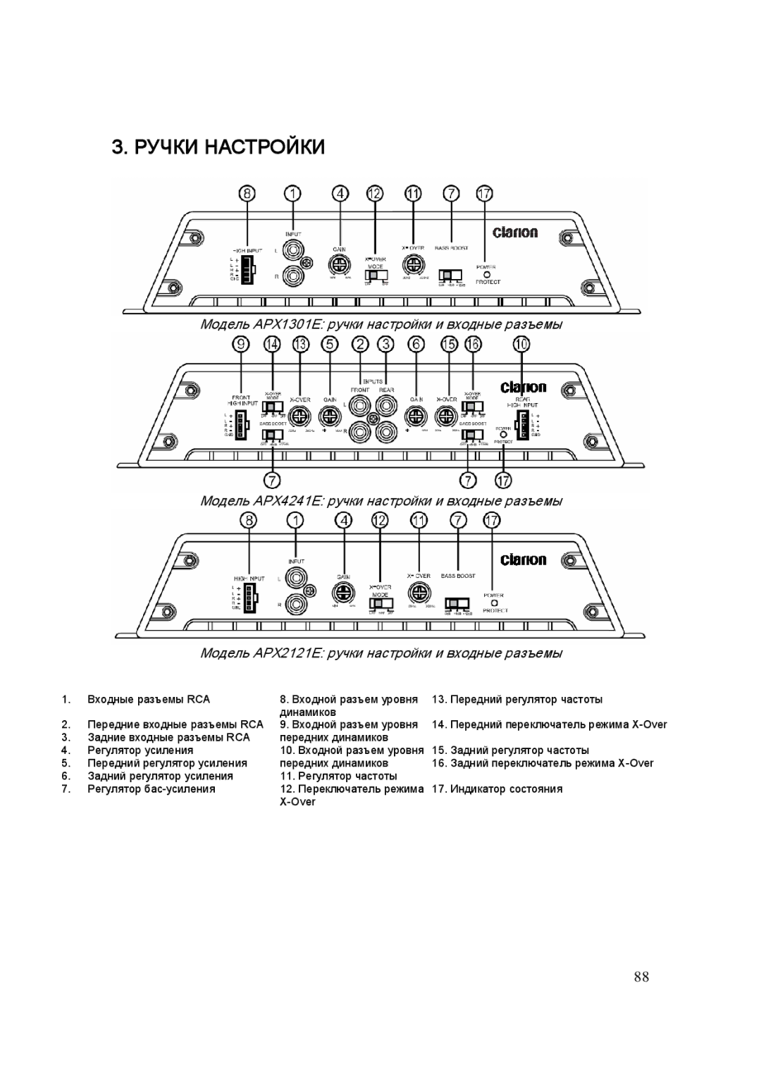 Clarion APX4241E, APX1301E, APX2121E manual Ручки Настройки 