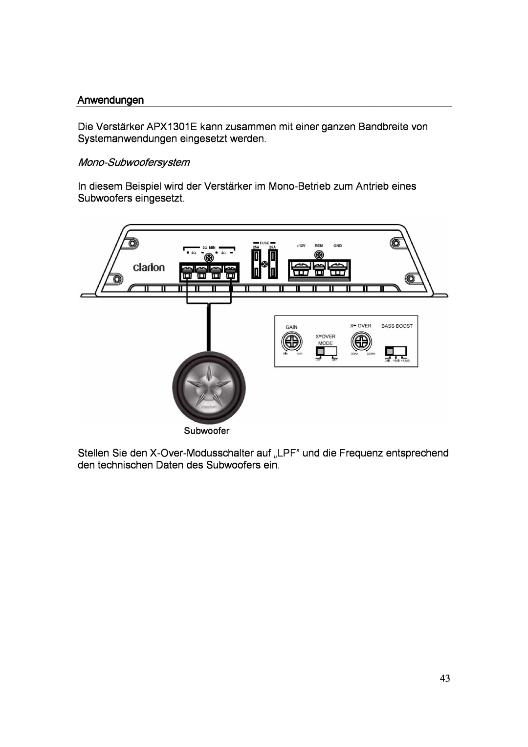 Clarion APX4241E, APX1301E, APX2121E manual Anwendungen, Mono-Subwoofersystem 