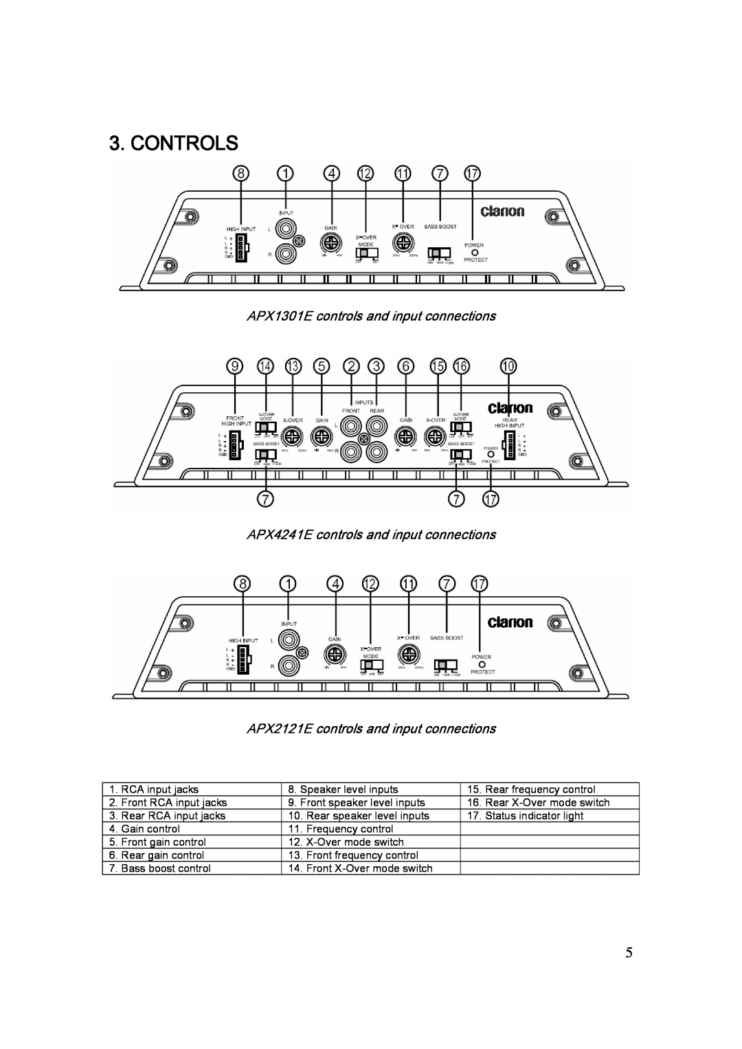 Clarion APX2121E manual Controls, APX1301E controls and input connections, APX4241E controls and input connections 