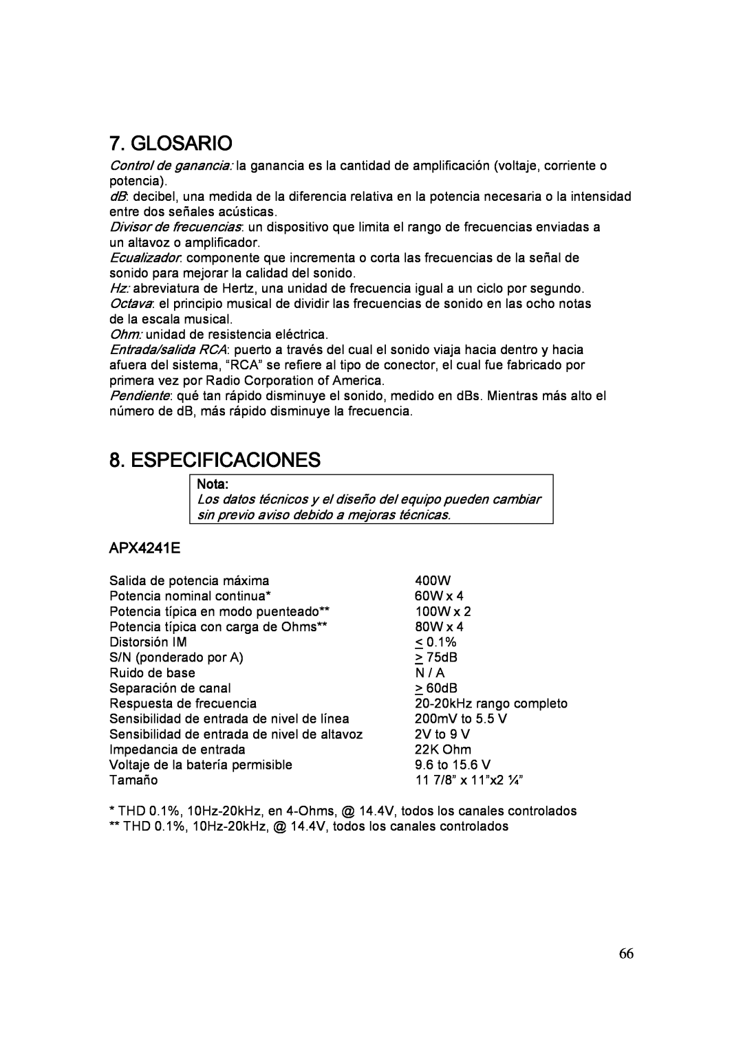 Clarion APX1301E, APX2121E manual Glosario, Especificaciones, APX4241E, Nota 