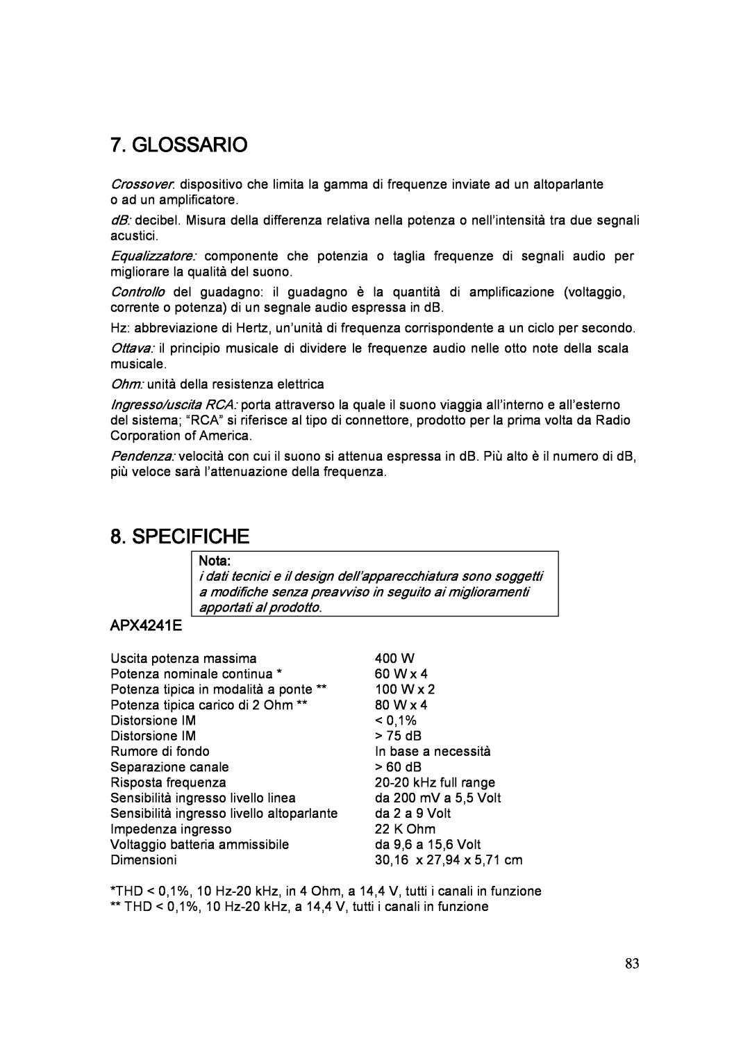 Clarion APX2121E, APX1301E manual Glossario, Specifiche, APX4241E, Nota 