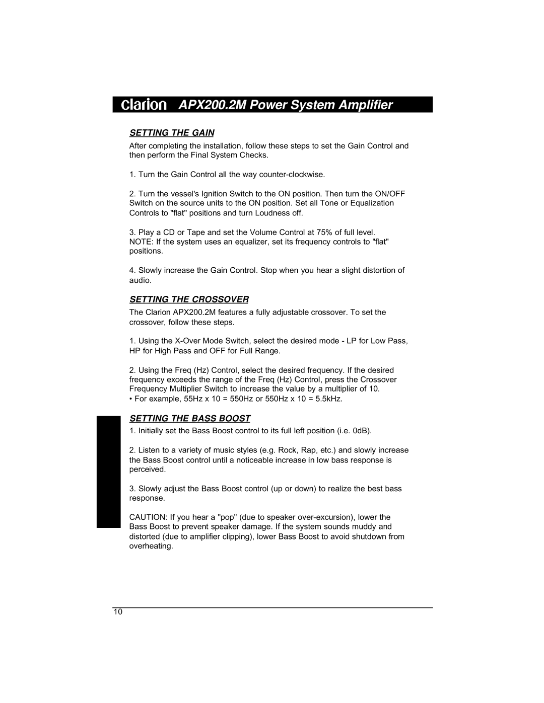 Clarion APX200 installation manual Setting the Gain, Setting the Crossover, Setting the Bass Boost 