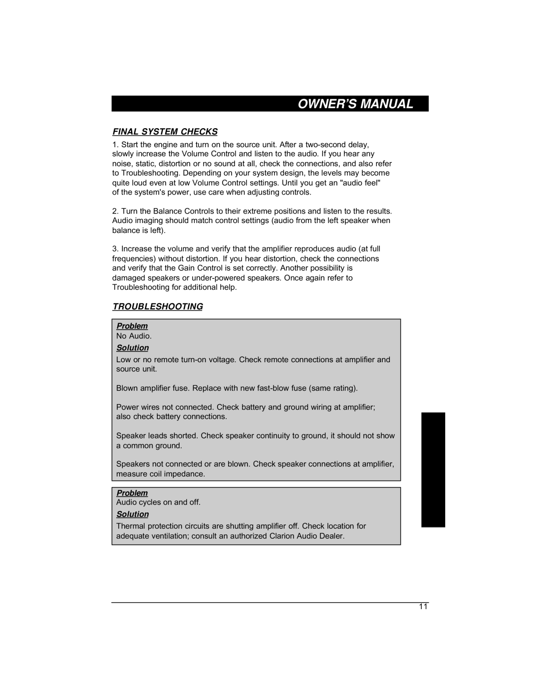 Clarion APX200 installation manual Final System Checks, Troubleshooting 