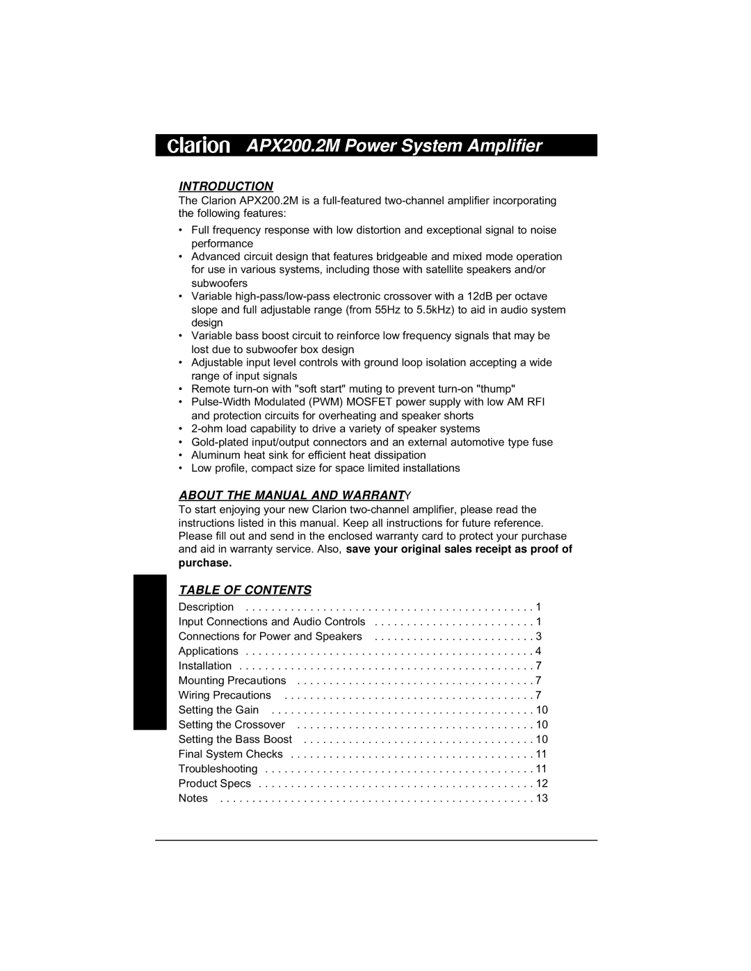 Clarion APX200 installation manual Introduction, About the Manual and Warranty, Table of Contents 