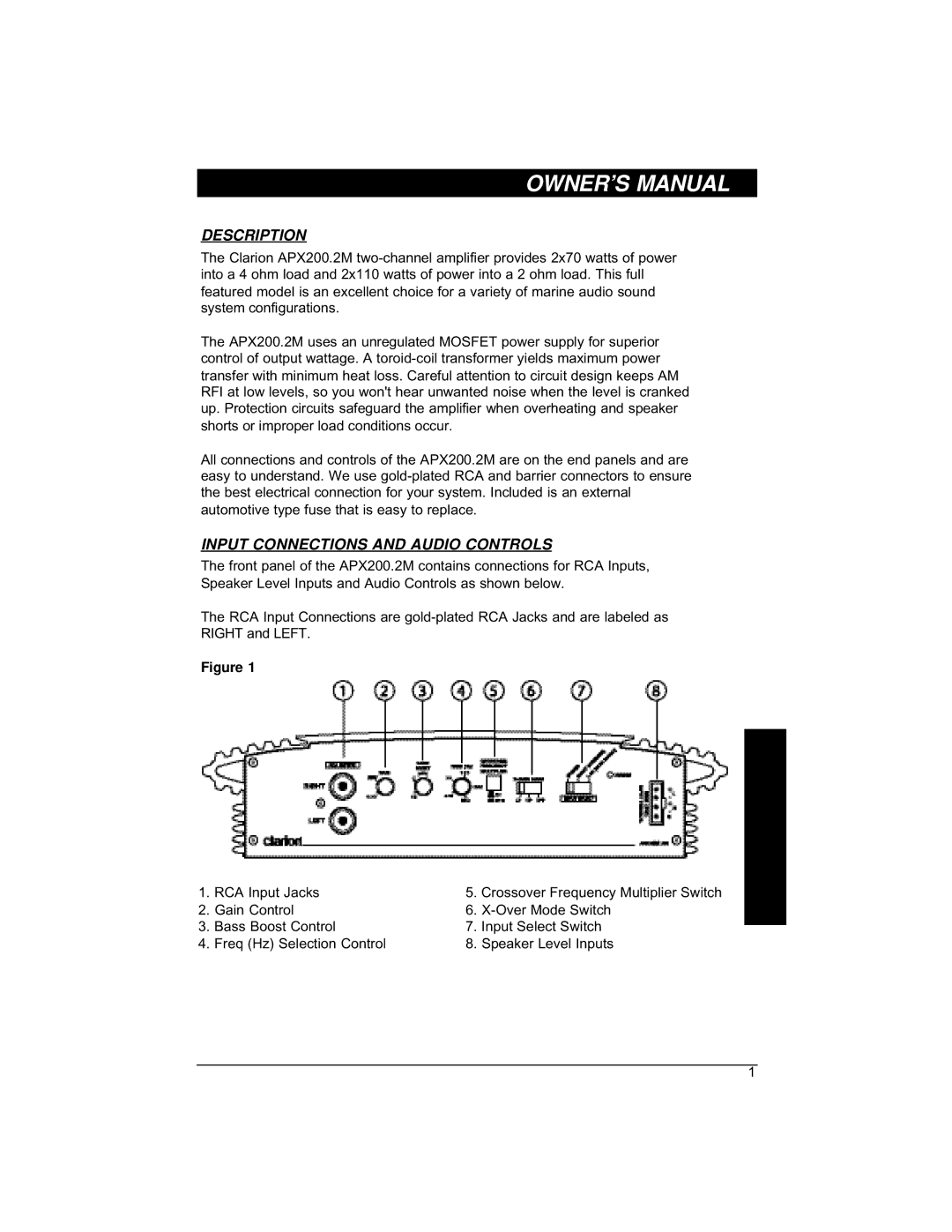 Clarion APX200 installation manual Description, Input Connections and Audio Controls 