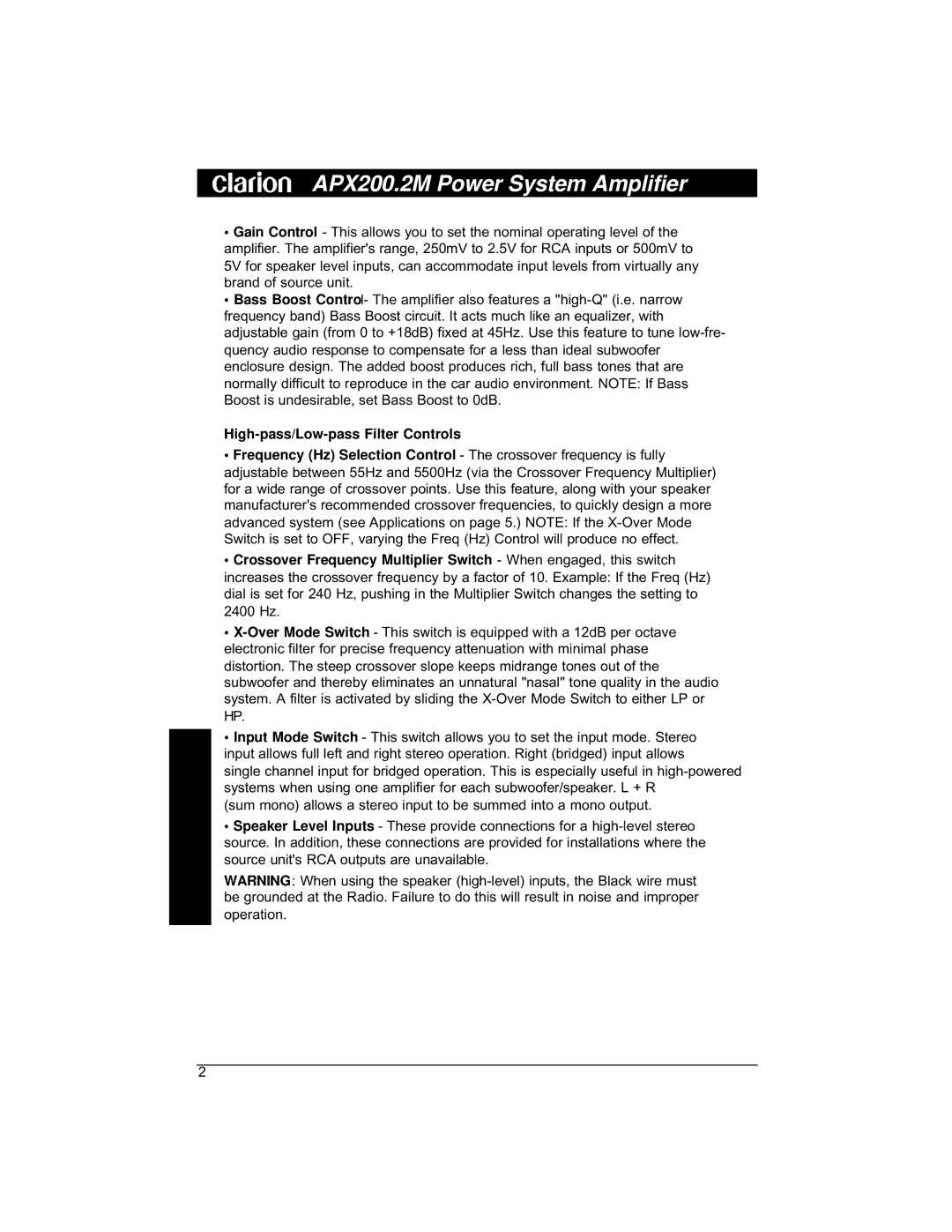 Clarion APX200 installation manual High-pass/Low-pass Filter Controls 