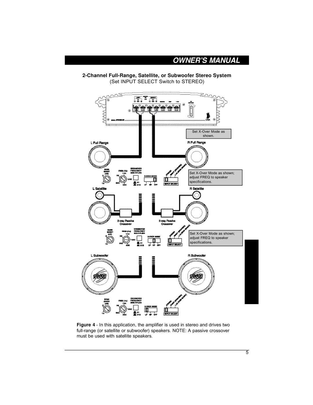 Clarion APX200 installation manual Channel Full-Range, Satellite, or Subwoofer Stereo System 