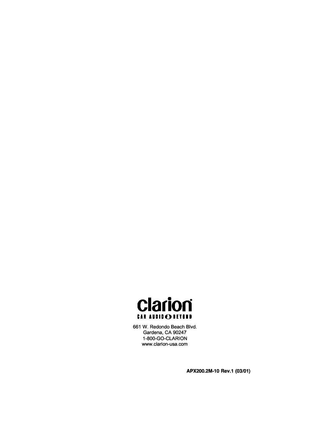 Clarion installation manual APX200.2M-10Rev.1 03/01, 661 W. Redondo Beach Blvd Gardena, CA 