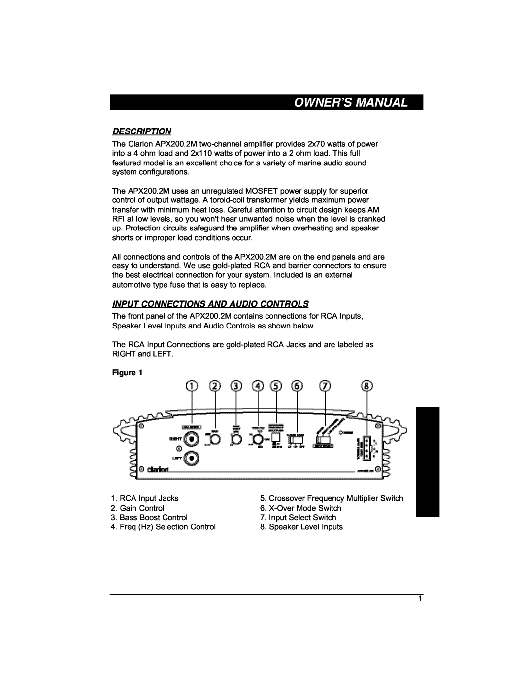 Clarion APX200 installation manual Description, Input Connections And Audio Controls 