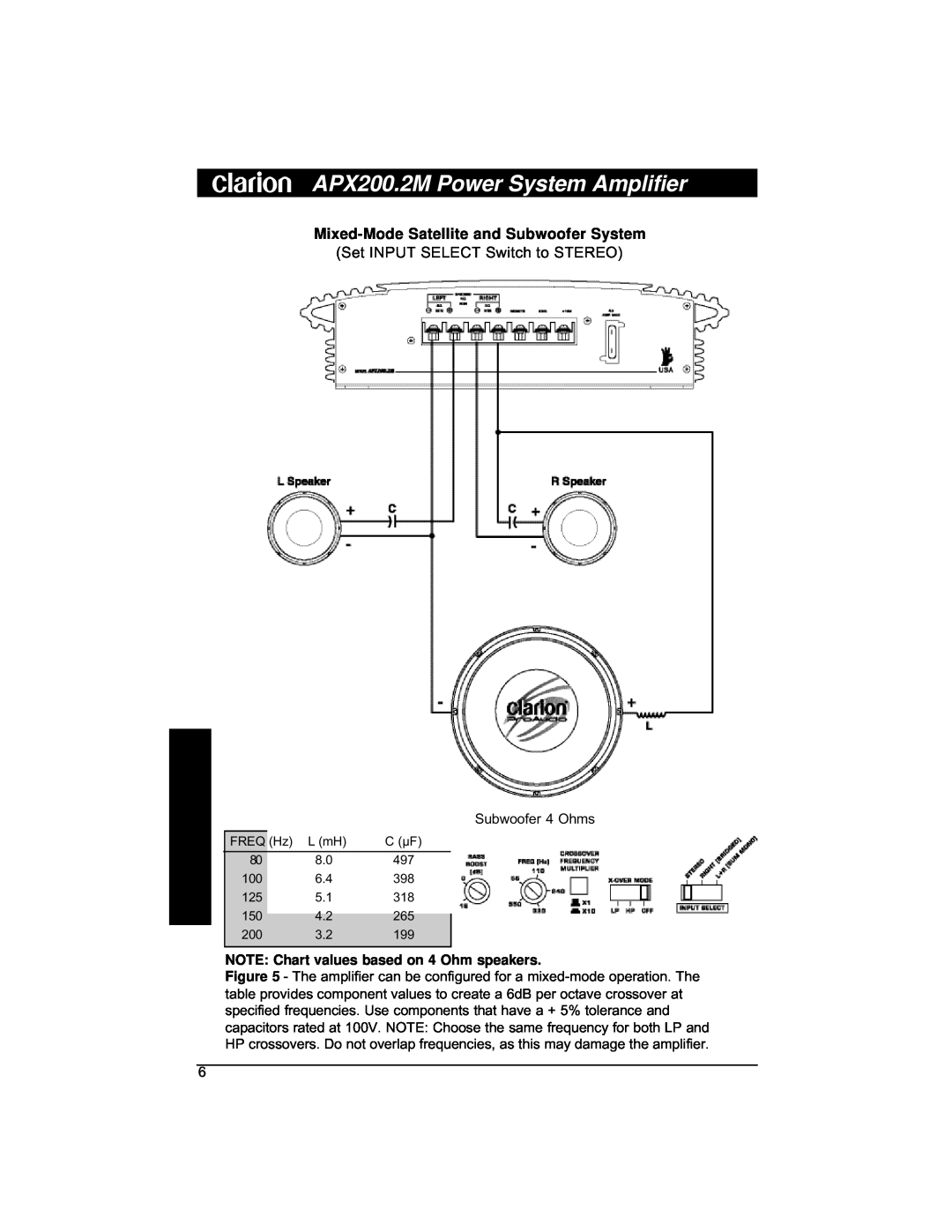 Clarion APX200 installation manual Mixed-ModeSatellite and Subwoofer System, NOTE Chart values based on 4 Ohm speakers 