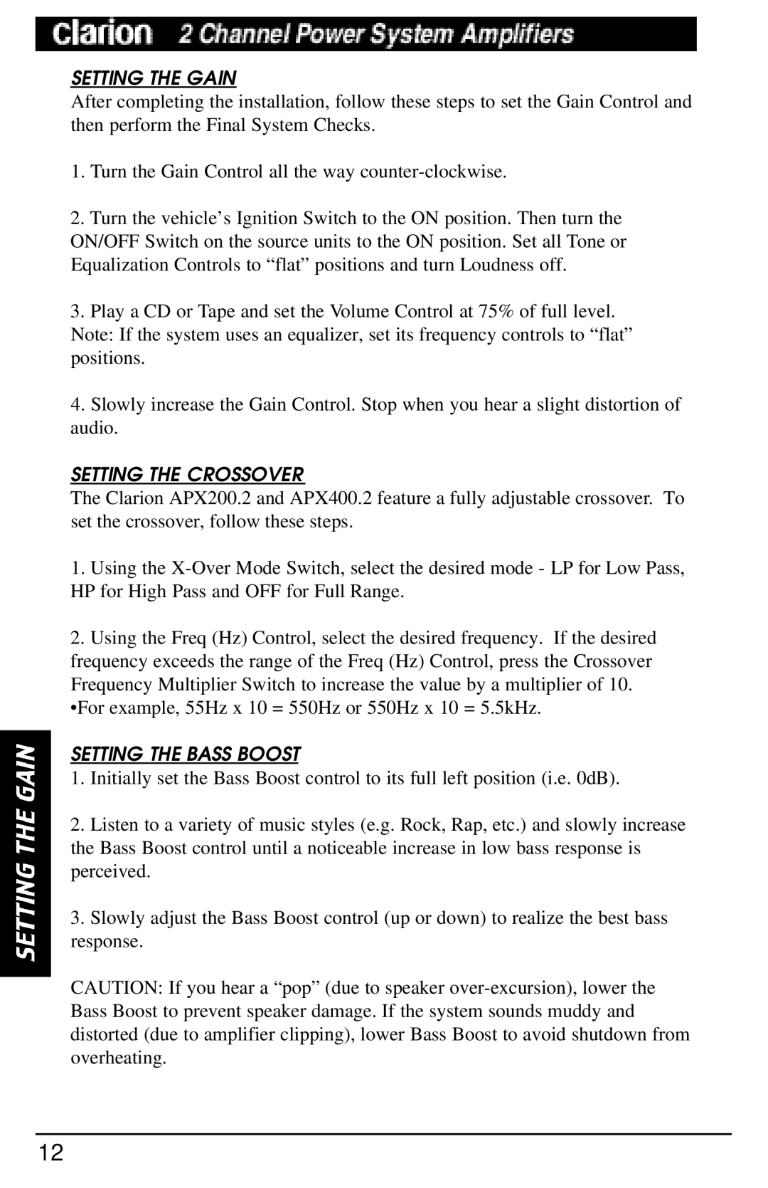 Clarion APX200.2, APX400.2 manual Setting the Gain, Setting the Crossover, Setting the Bass Boost 