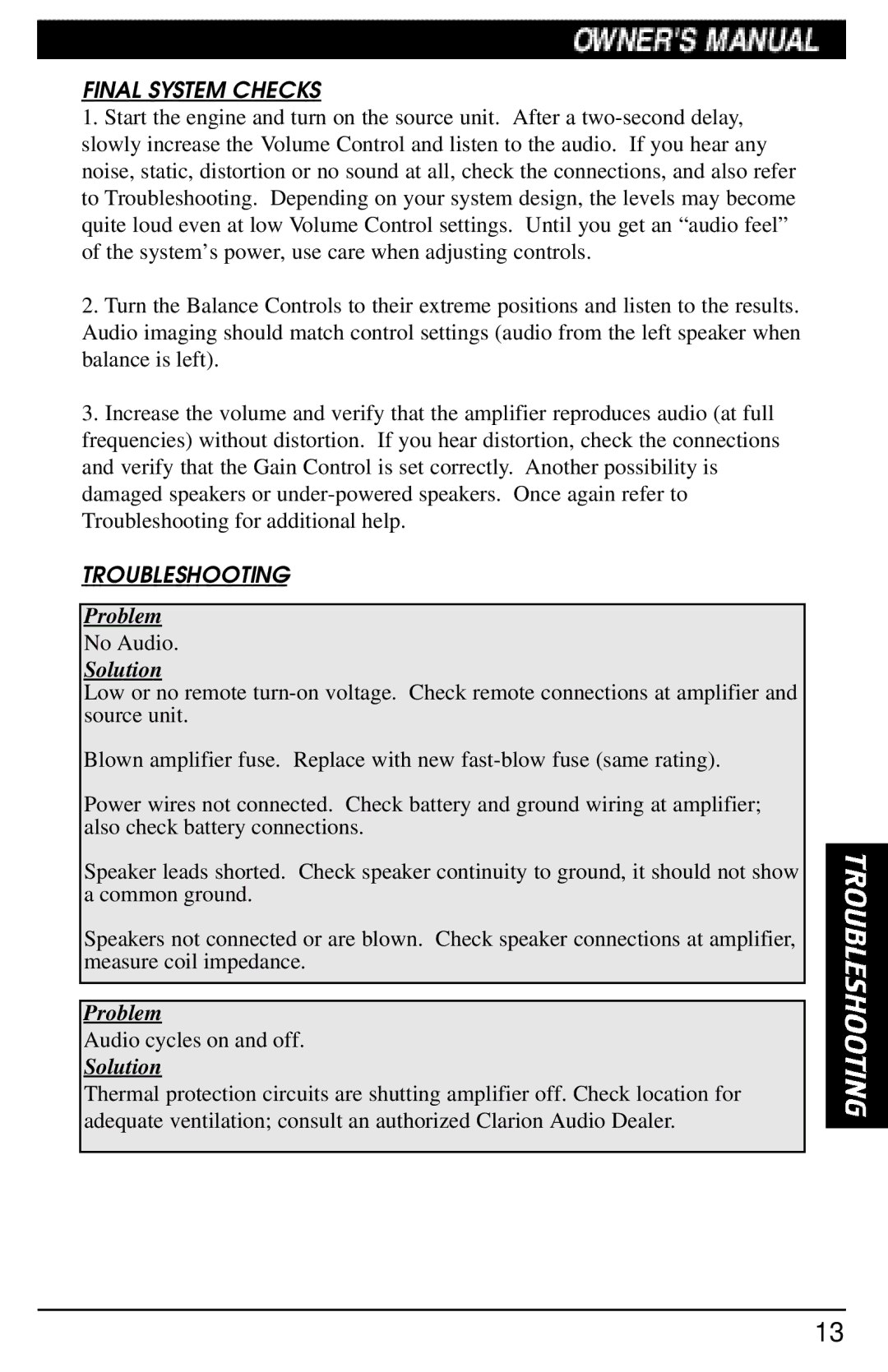 Clarion APX400.2, APX200.2 manual Final System Checks, Troubleshooting 