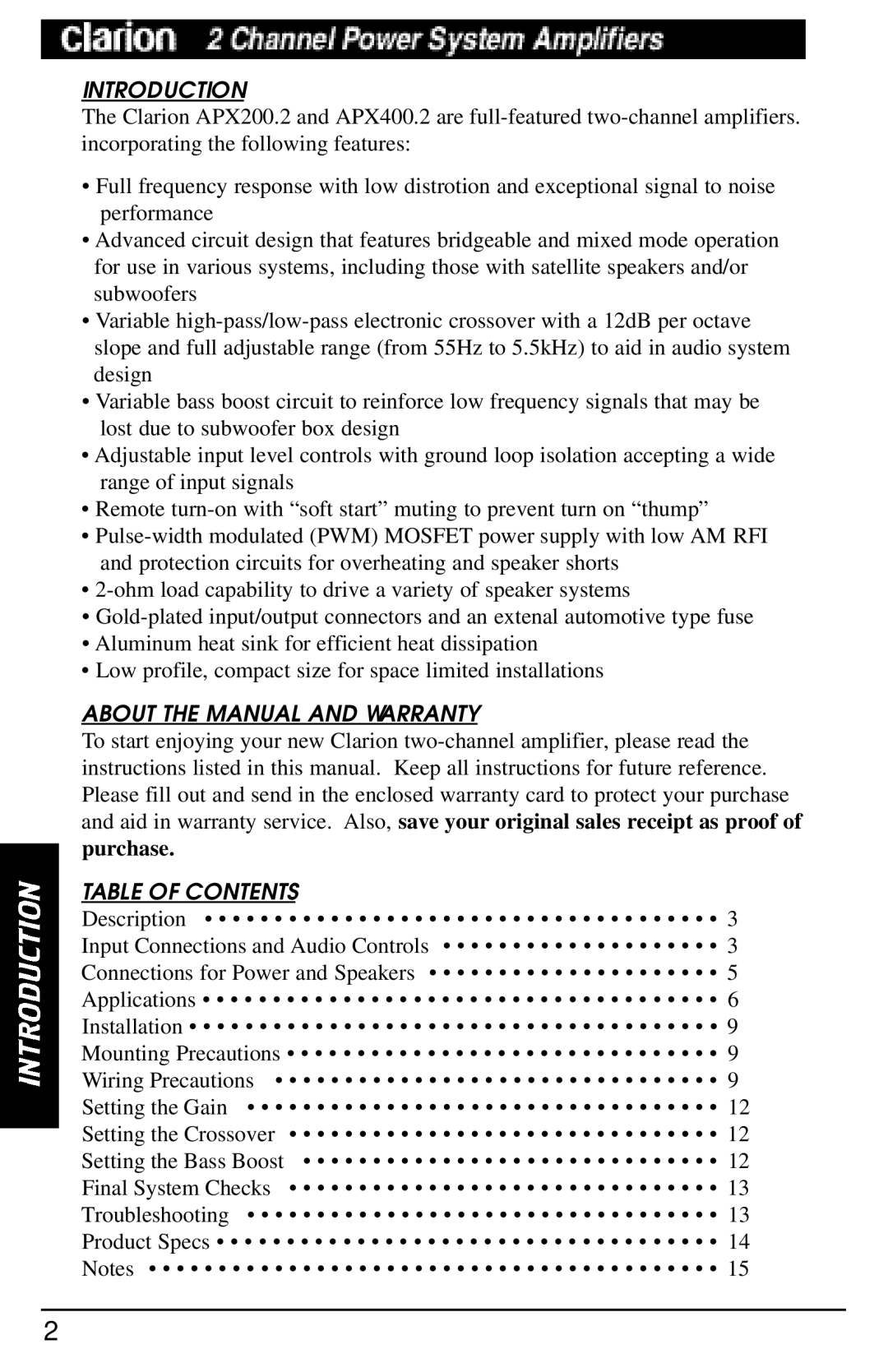 Clarion APX200.2, APX400.2 manual Introduction, About the Manual and Warranty, Table of Contents 