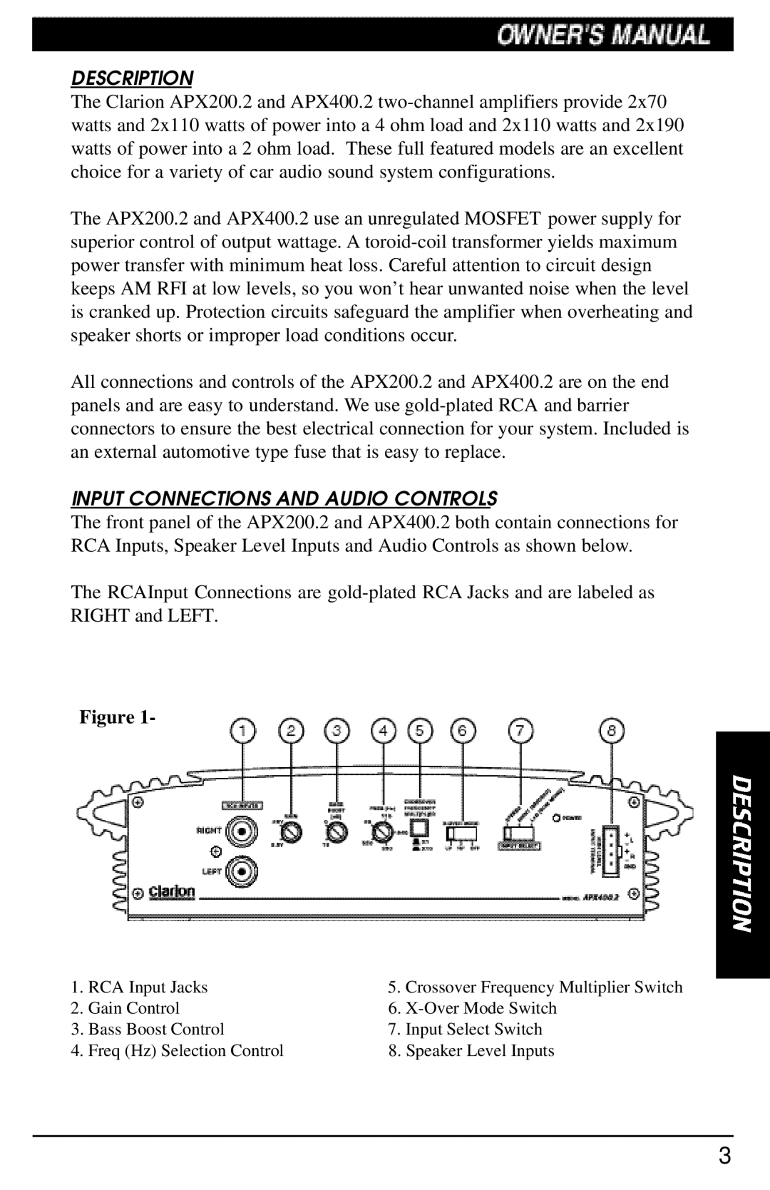 Clarion APX400.2, APX200.2 manual Description, Input Connections and Audio Controls 