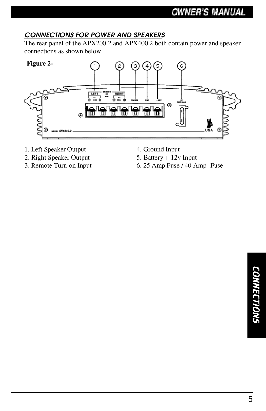 Clarion APX400.2, APX200.2 manual Connections for Power and Speakers 