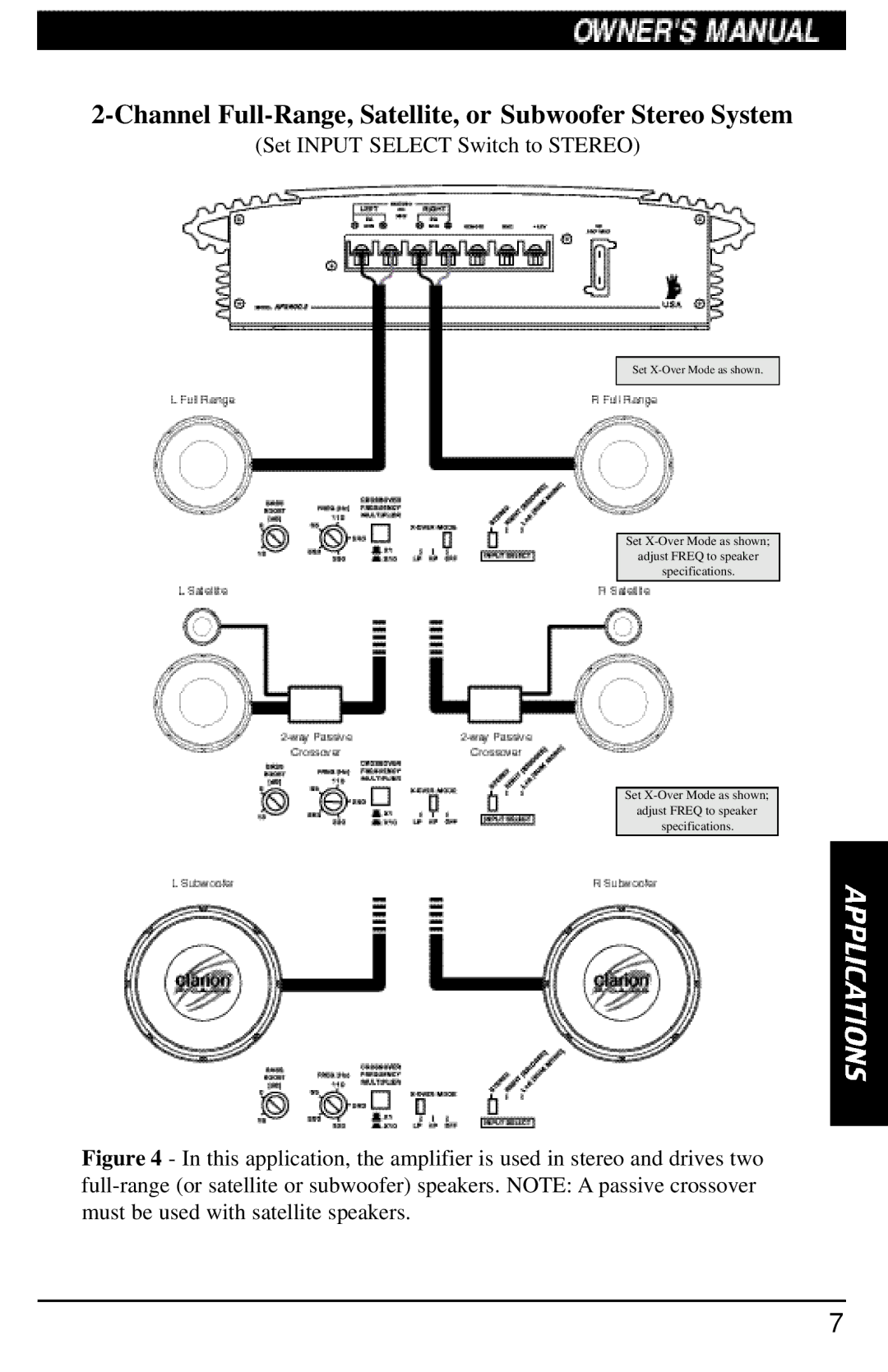 Clarion APX400.2, APX200.2 manual Channel Full-Range, Satellite, or Subwoofer Stereo System 