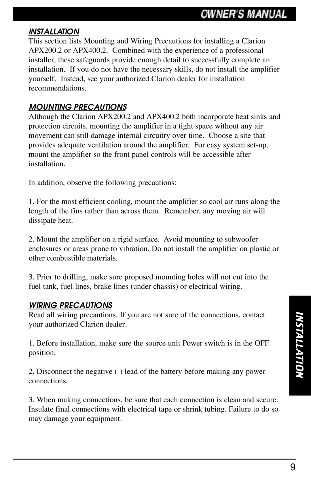 Clarion APX400.2, APX200.2 manual Installation, Mounting Precautions, Wiring Precautions 