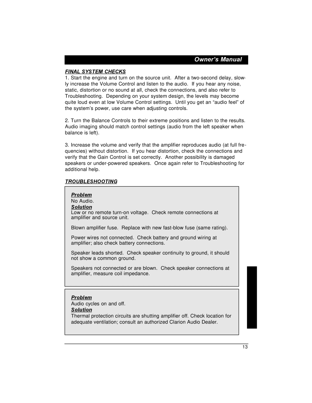 Clarion APX401.2, APX201.2 installation manual Final System Checks, Troubleshooting 