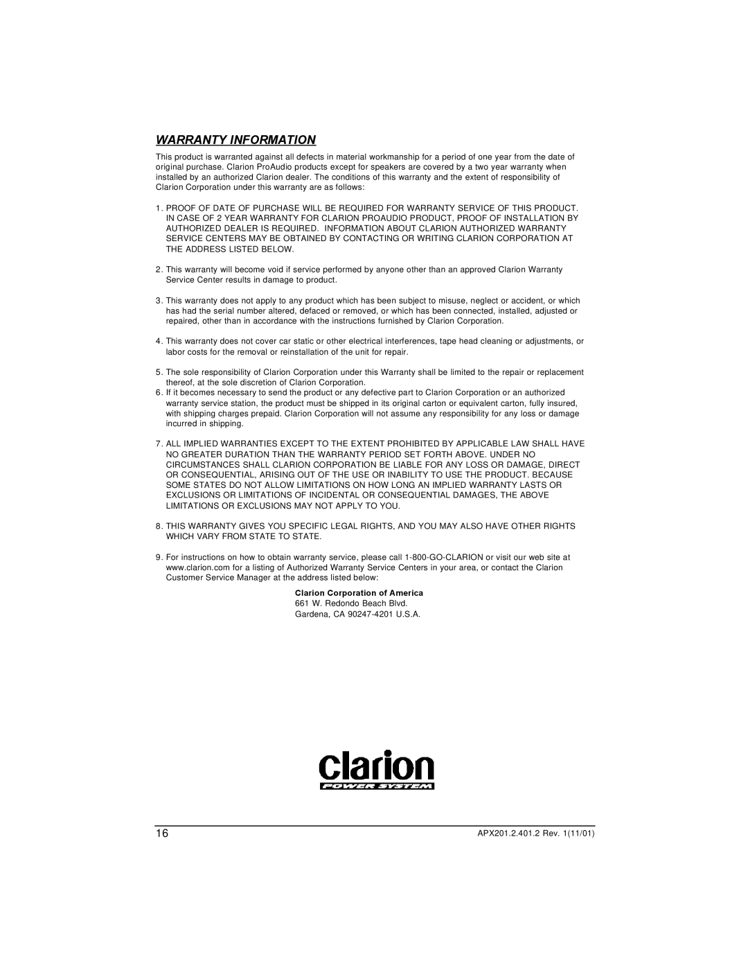 Clarion APX201.2, APX401.2 installation manual Warranty Information 