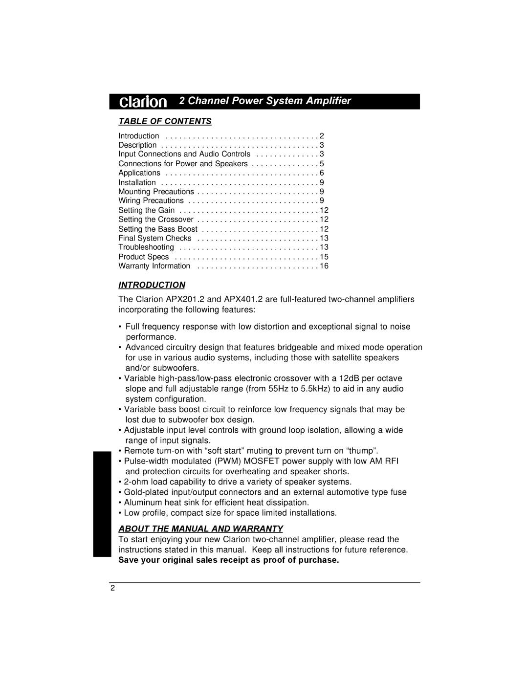 Clarion APX201.2, APX401.2 installation manual Table of Contents, Introduction, About the Manual and Warranty 