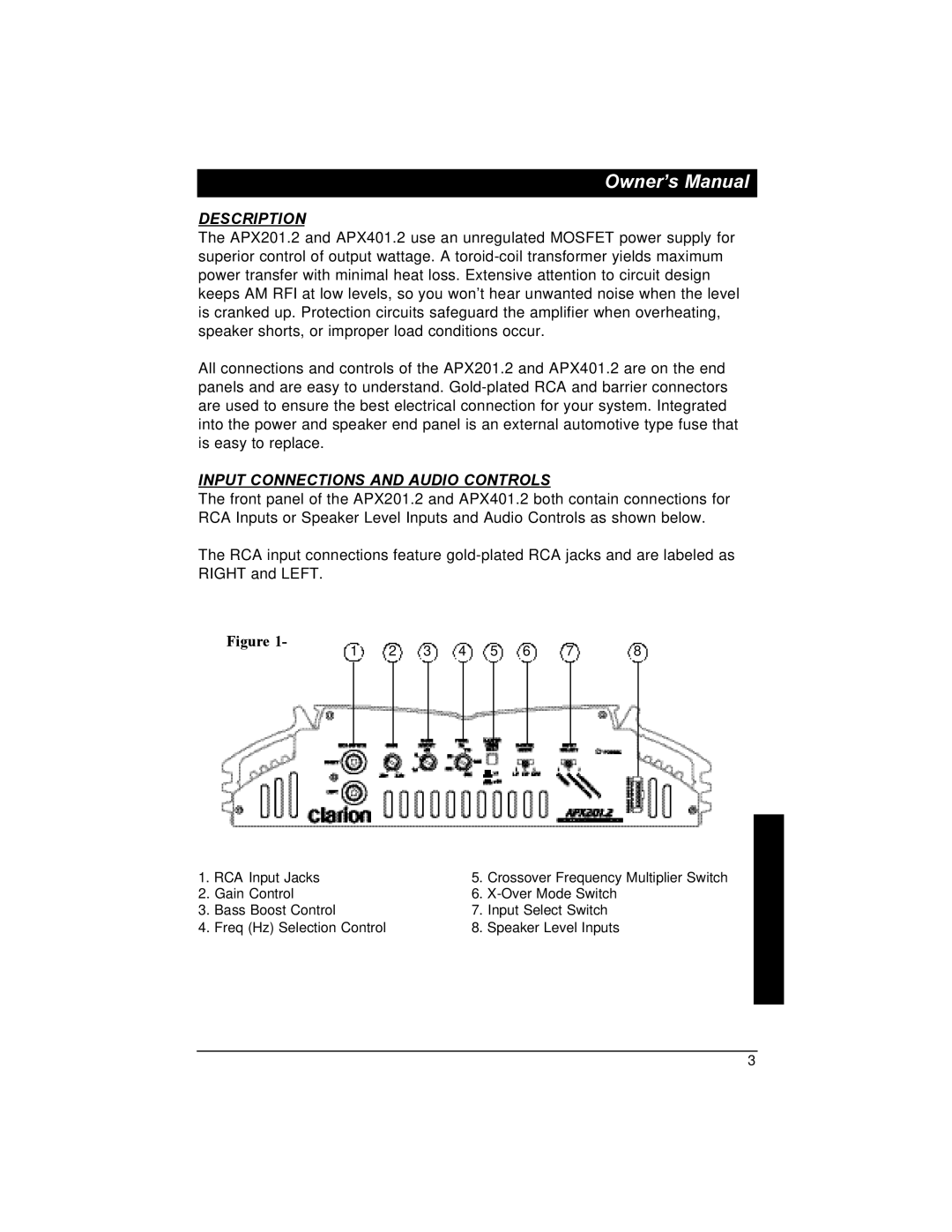 Clarion APX401.2, APX201.2 installation manual Description, Input Connections and Audio Controls 