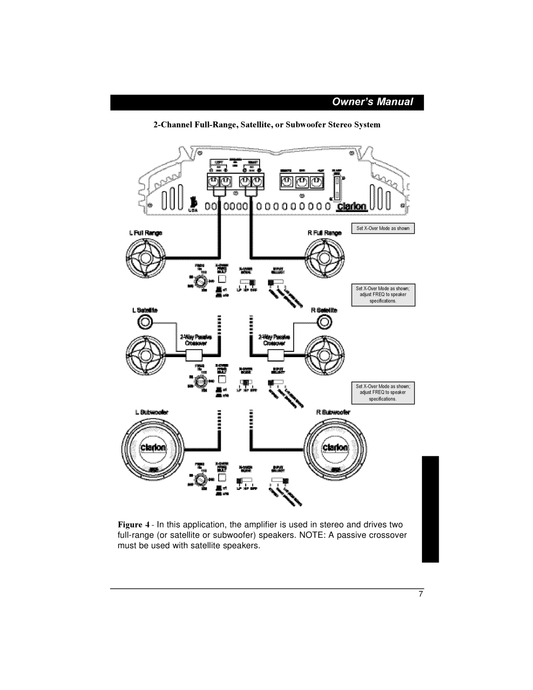 Clarion APX401.2, APX201.2 installation manual Channel Full-Range, Satellite, or Subwoofer Stereo System 