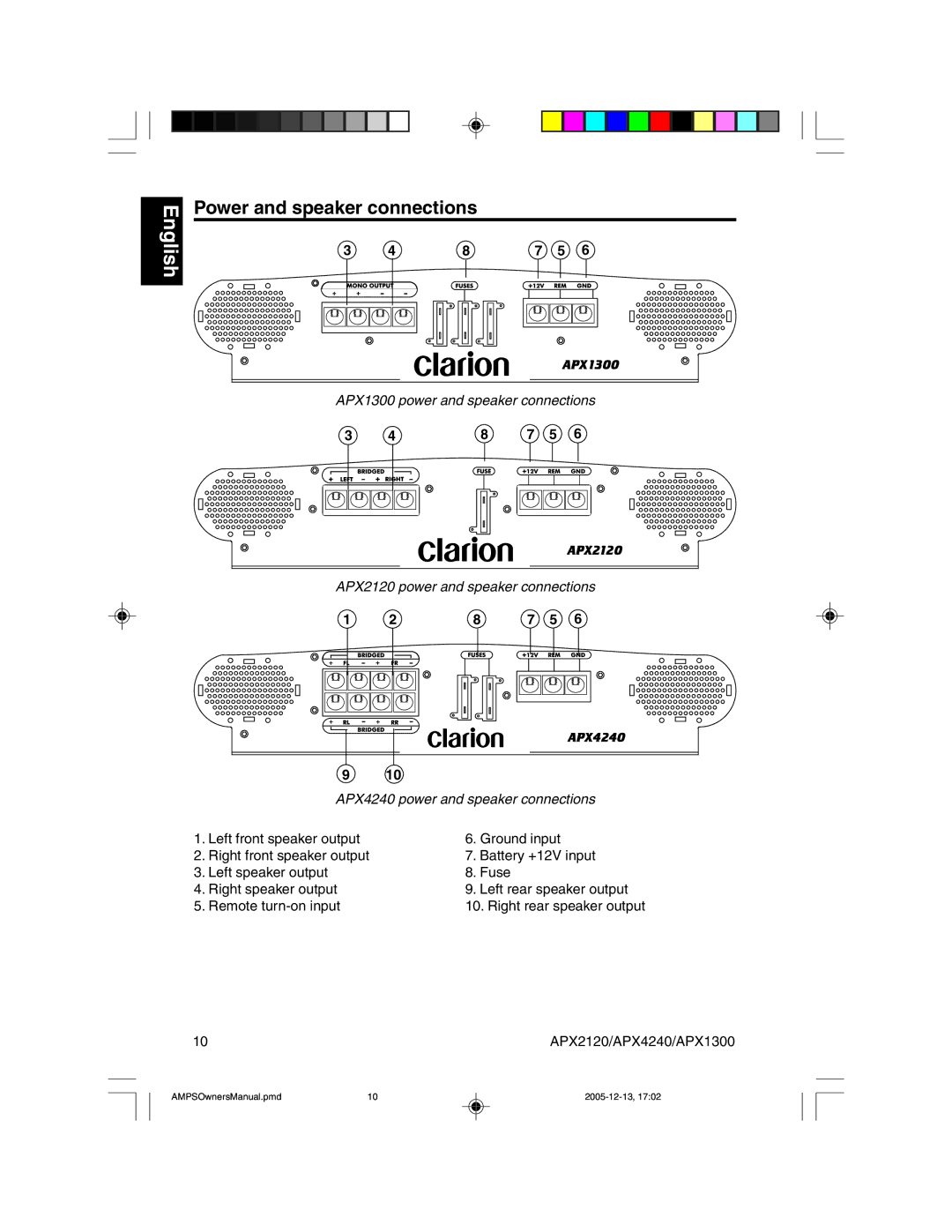 Clarion APX2120 owner manual Power and speaker connections 