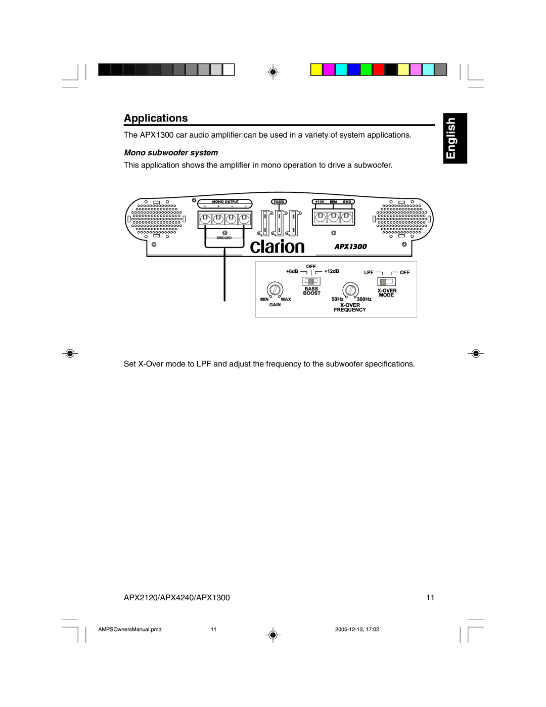 Clarion APX2120 owner manual Applications, Mono subwoofer system 