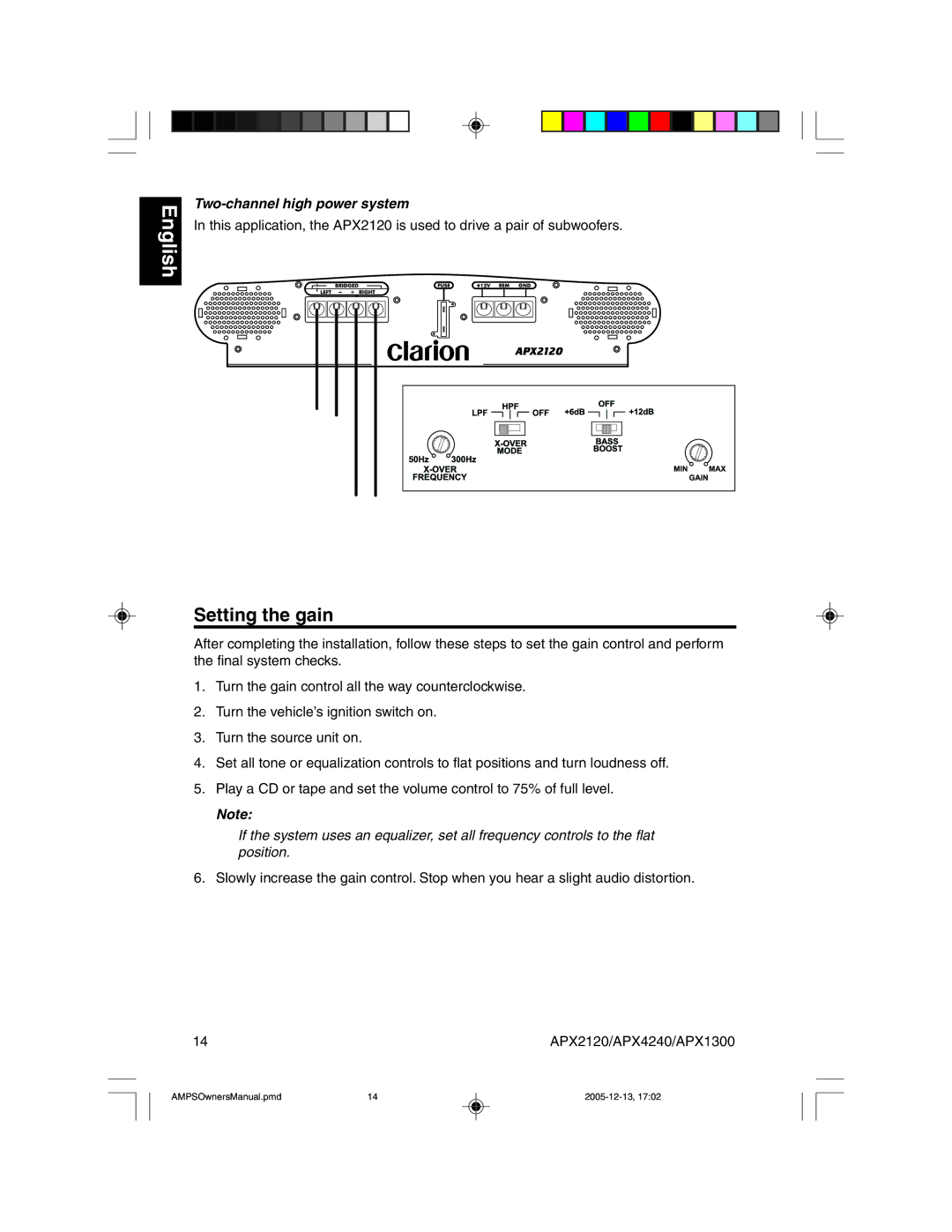 Clarion APX2120 owner manual Setting the gain, Two-channel high power system 