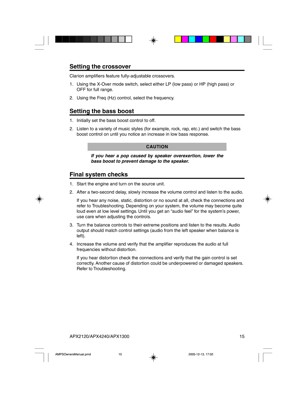 Clarion APX2120 owner manual Setting the crossover, Setting the bass boost, Final system checks 