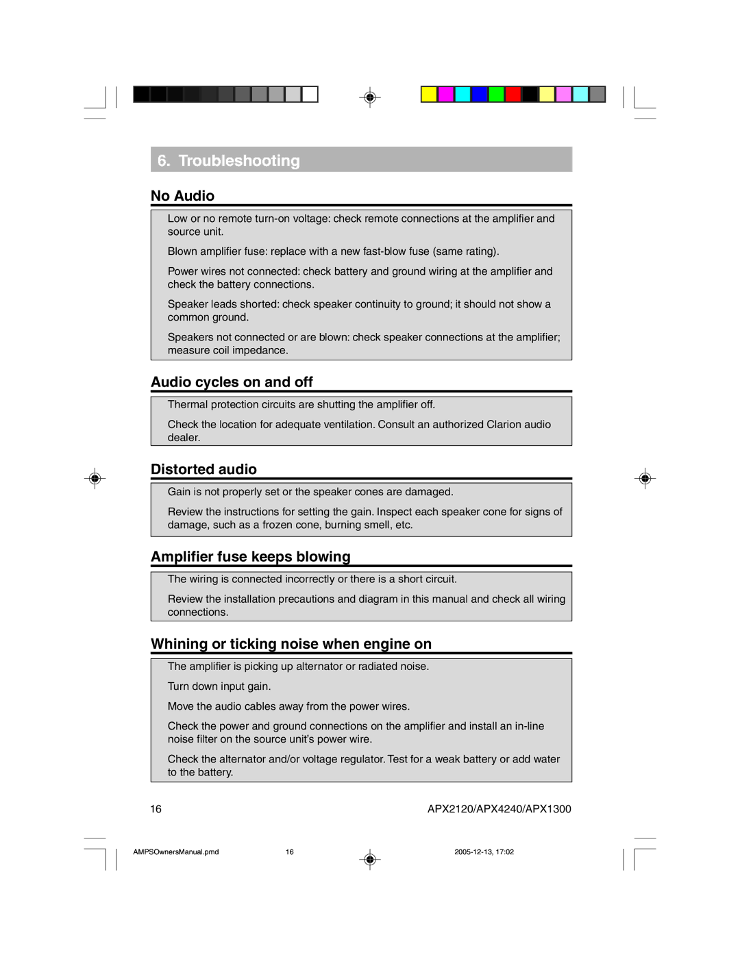 Clarion APX2120 owner manual No Audio, Audio cycles on and off, Distorted audio, Amplifier fuse keeps blowing 