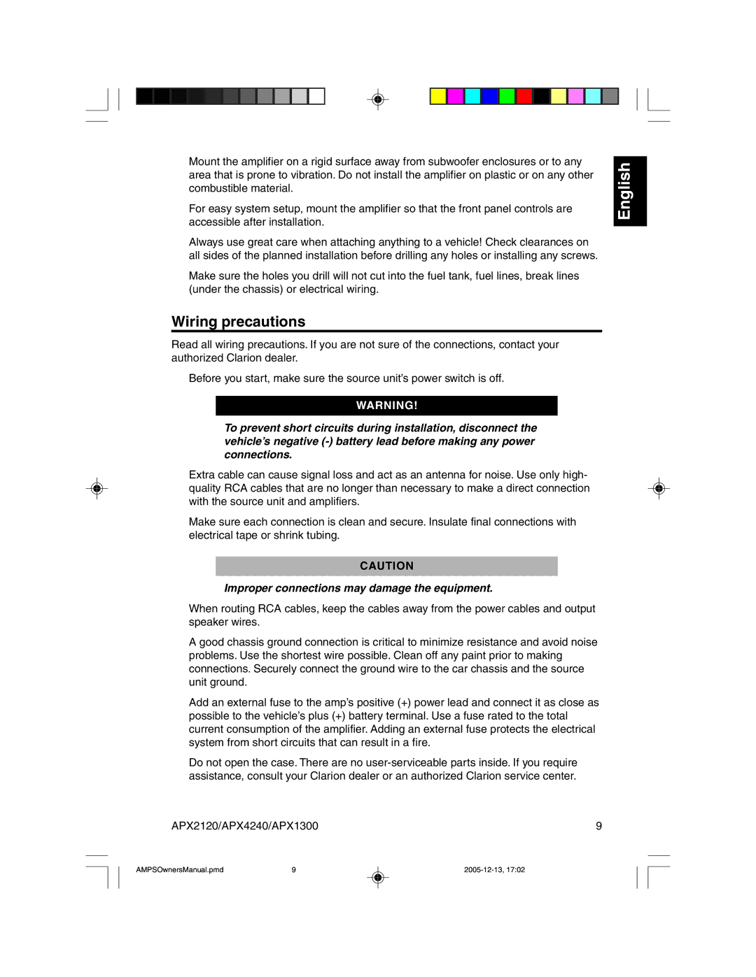 Clarion APX2120 owner manual Wiring precautions, Improper connections may damage the equipment 