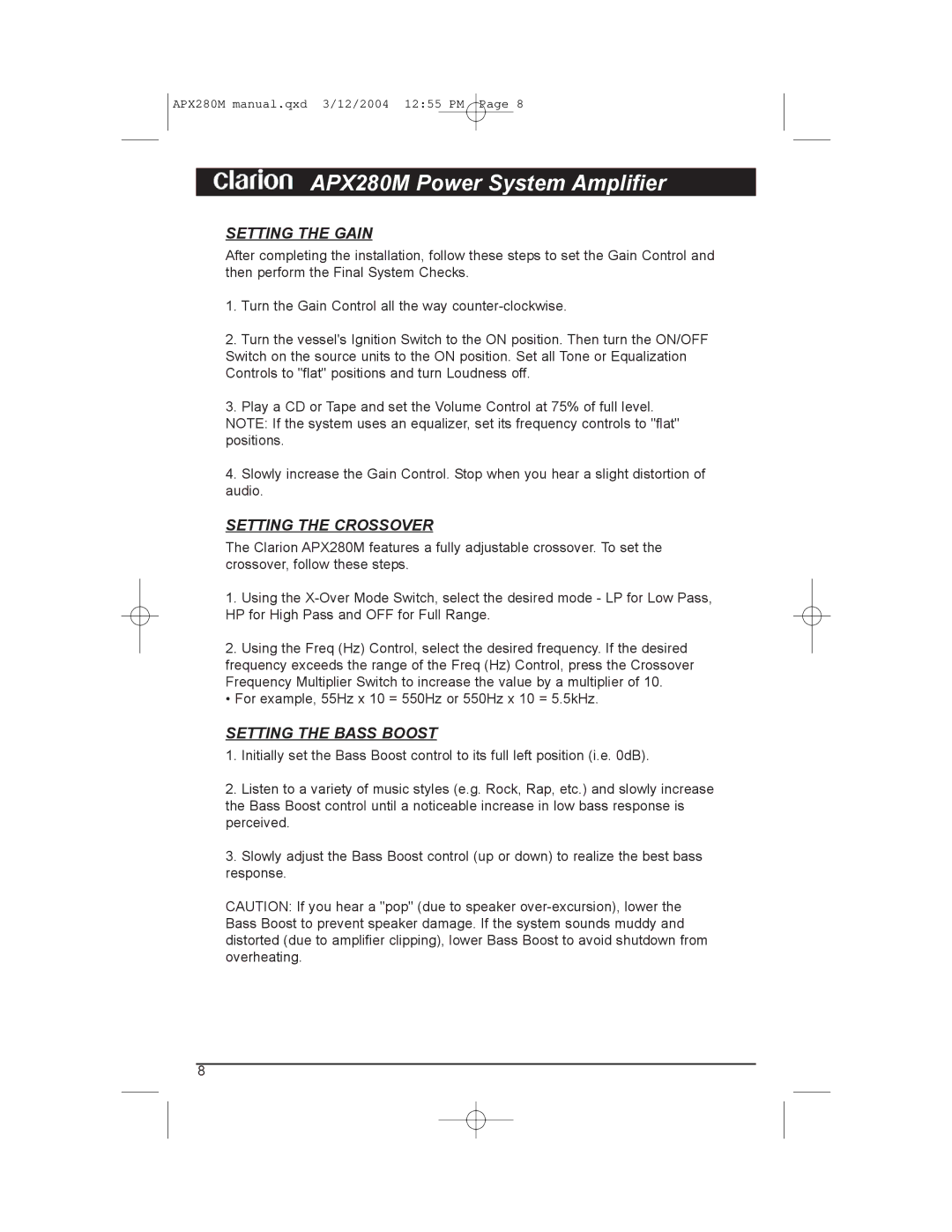 Clarion APX280M manual Setting the Gain, Setting the Crossover, Setting the Bass Boost 