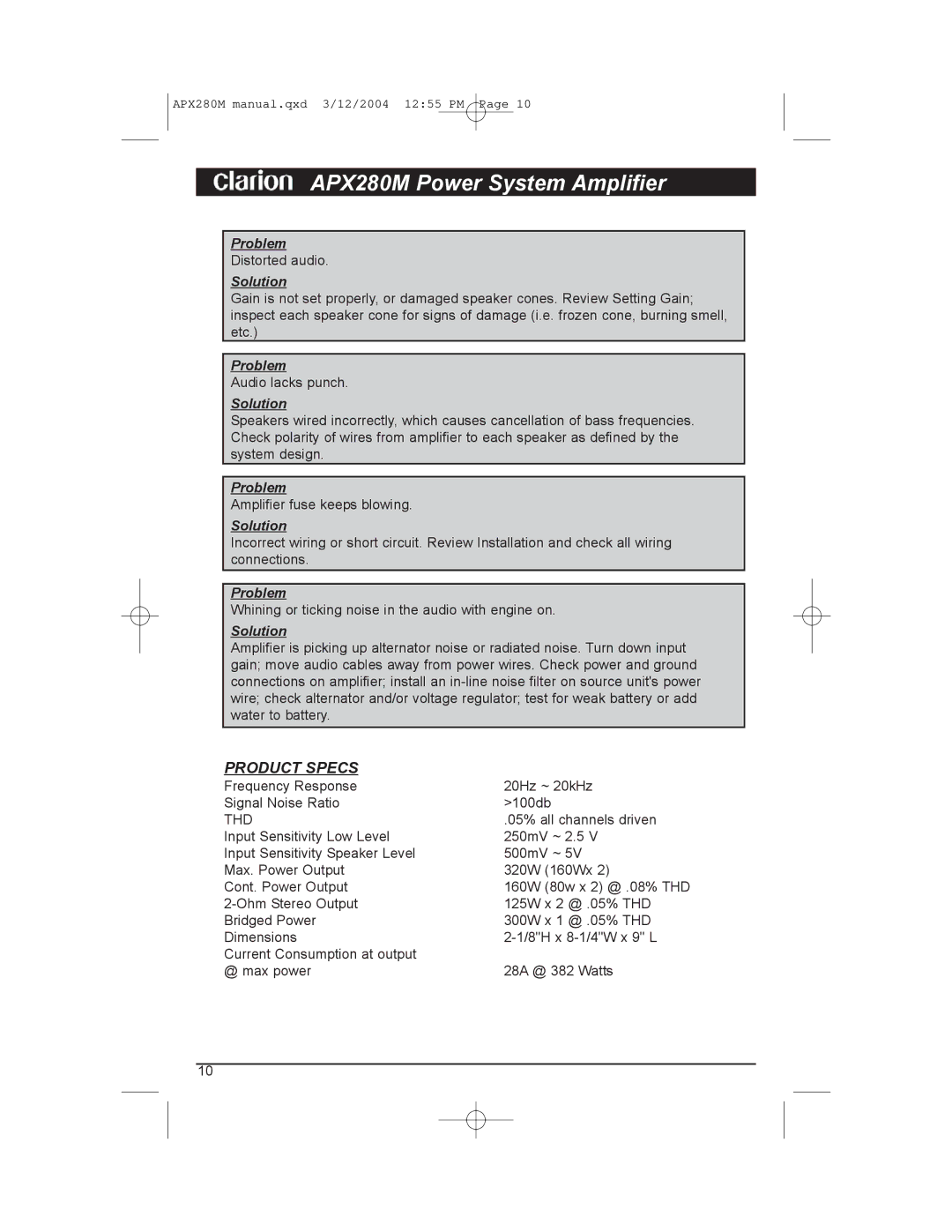 Clarion APX280M manual Product Specs, Thd 