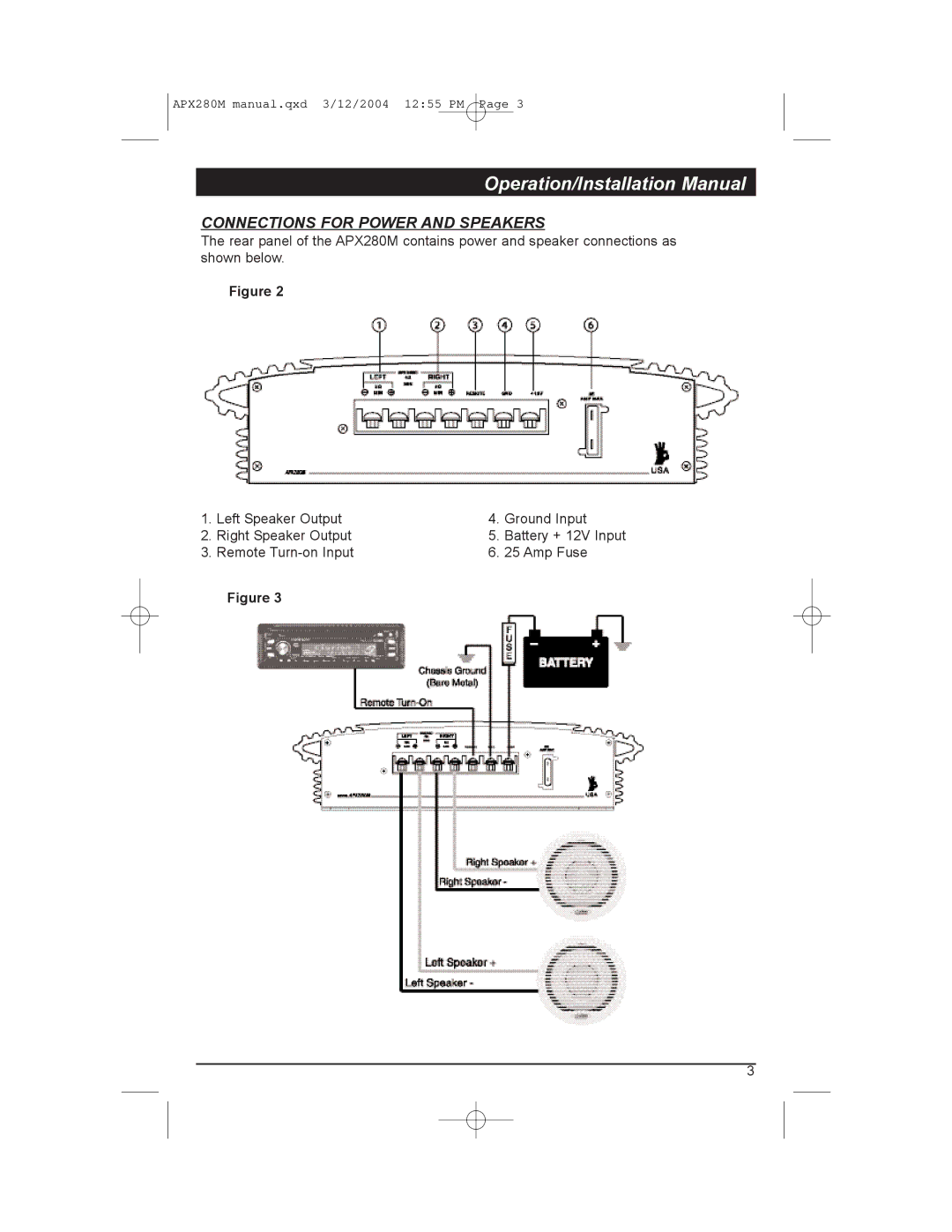 Clarion APX280M manual Connections for Power and Speakers 