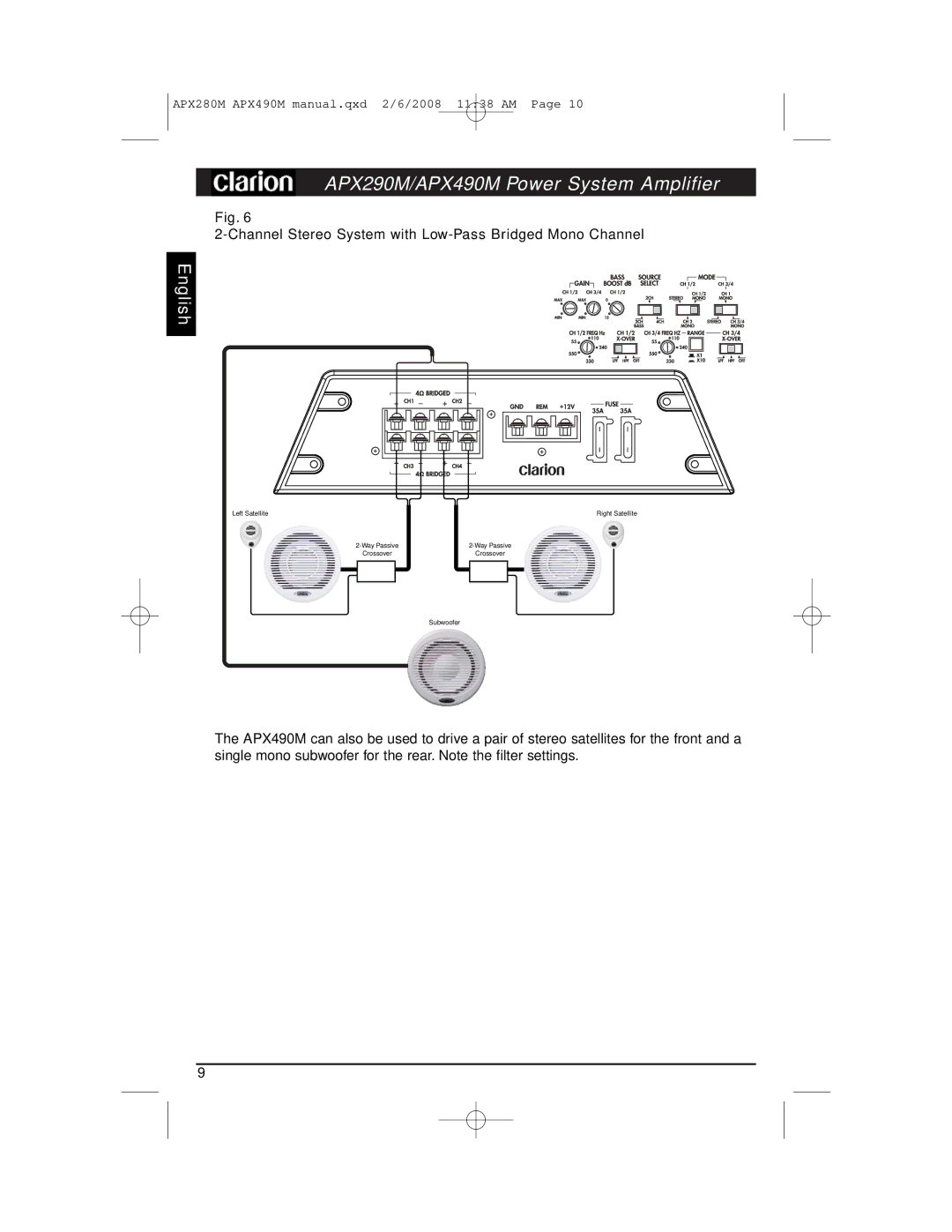 Clarion APX290M installation manual Channel Stereo System with Low-Pass Bridged Mono Channel 