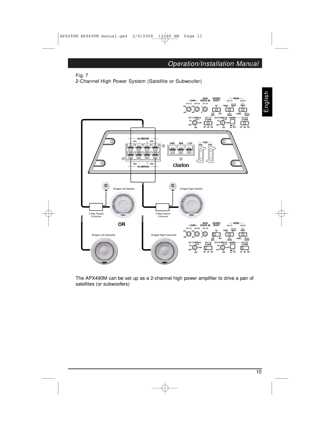 Clarion APX290M installation manual Channel High Power System Satellite or Subwoofer 